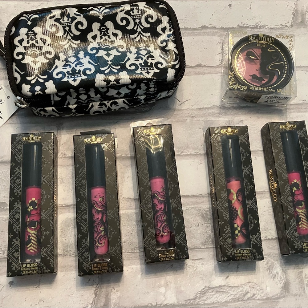 NWT Disney Parks Beautifully Disney Cosmetic Bag, Blush, & Lip Gloss Set